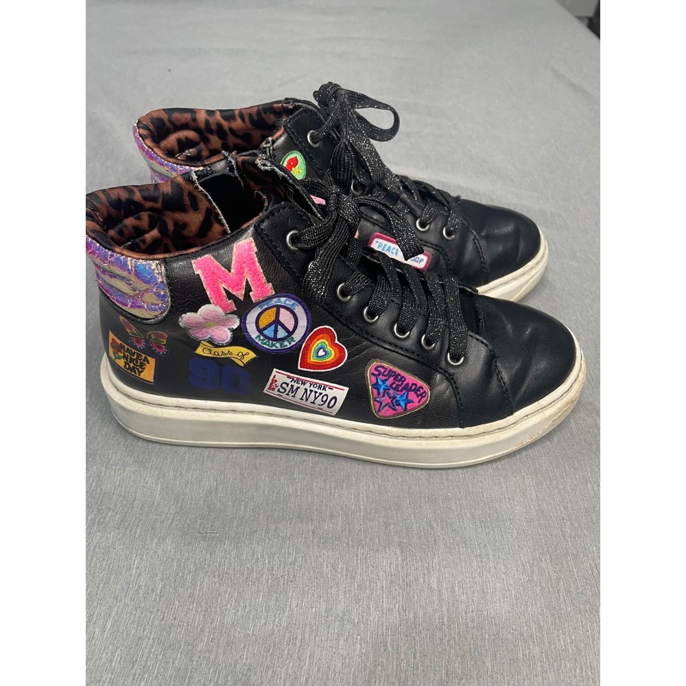 Madden Girl Kids Black High Top Patch Sneakers Leopard Print Size 2